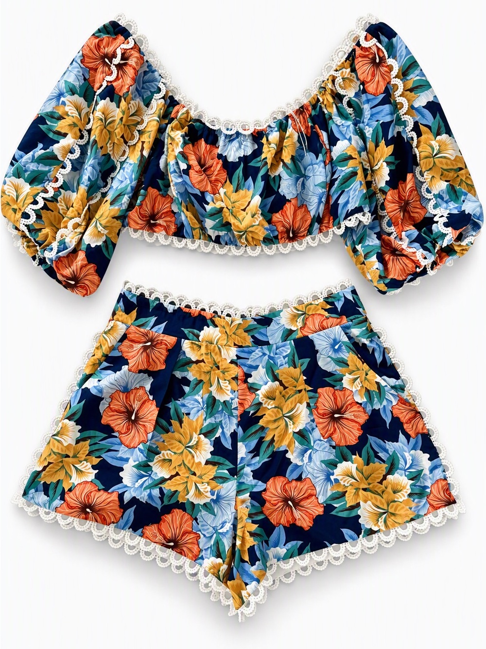 Navy Multi Floral Lace-Trim Off-Shoulder Crop Top